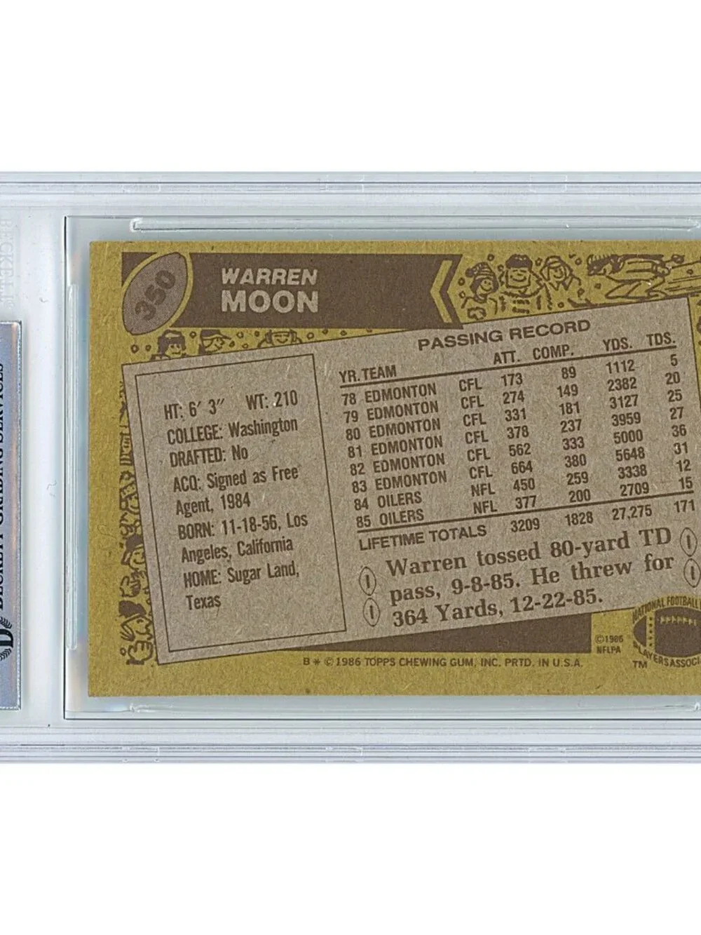 Warren Moon Signed 1986 Topps NFL Football Card Houston Oilers Beckett Autograph